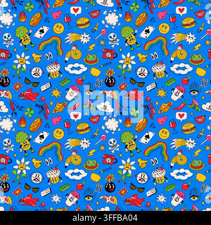 Cartoon sticker with comic food and pop art doodles Stock Vector