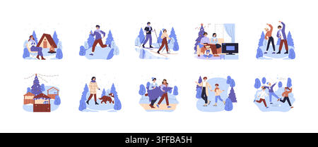 Winter holiday vector illustration set with people drinking hot tea by cabin, running, skiing, watching television, dancing, walking dog, shopping, strolling and playing snowballs Stock Vector