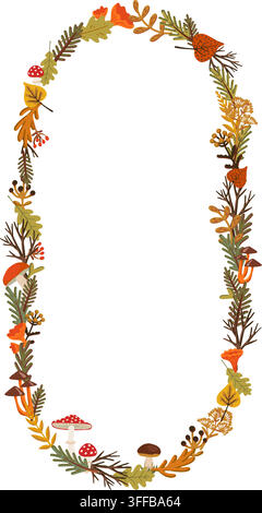 Autumn arch frame with pine, mushroom and forest foliage woven around toadstools, chanterelles and berries. Vector wreath leaves empty center for Stock Vector
