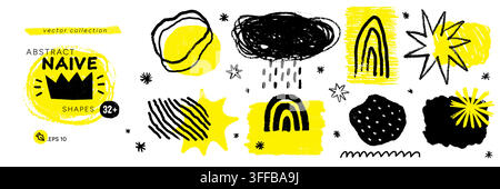 Crayon naive shape collection with crown, star and rainbow doodle mixes rough chalk texture and striped crayon stroke. Rain cloud sketch reads Stock Vector