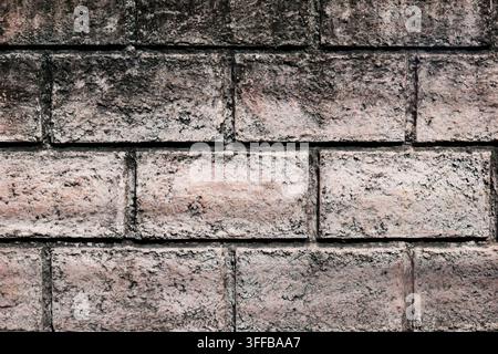 Close up of a faded pink brick wall with dark grunge stains and mold, showing rough rustic decay for urban architectural backgrounds. Stock Photo