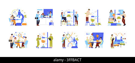 Scientists conduct laboratory research, analyze samples, discuss data, and test chemical formulas in a science lab collection, vector illustration isolated on white background Stock Vector