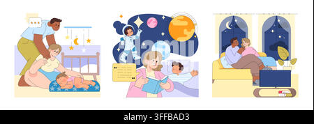 Vector illustration set of parents caring for baby, reading a bedtime story with a child, and relaxing together at home at night, showing family routine, comfort, bonding, and calm emotions Stock Vector