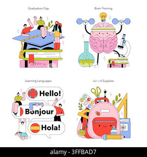 Education themed vector illustration set with graduation cap on books, brain lifting weights, multilingual speech bubbles, and school supplies backpack for study and learning concepts Stock Vector