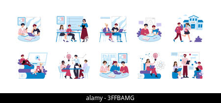 Students study together in classroom and online lessons, using laptops, books and notes with teacher guidance, teamwork and academic activity in vector illustration set Stock Vector
