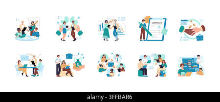 Business themed vector illustration set with teams meeting, signing contract, shaking hands, analyzing charts, coding, hiring, and managing finance in office workflow scenes Stock Vector