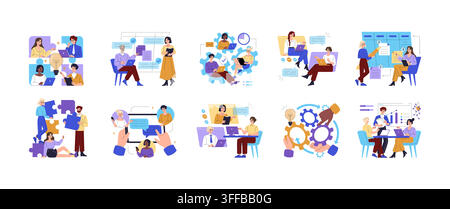 Business team working together on laptops, planning tasks, messaging online, solving workflow problems, and reviewing charts in office scenes, vector illustration set for teamwork themes Stock Vector
