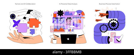 Vector illustration set of AI collaboration, data analysis, and business process automation scenes with puzzle pieces, charts, laptop work, task flow, gears, and digital systems Stock Vector