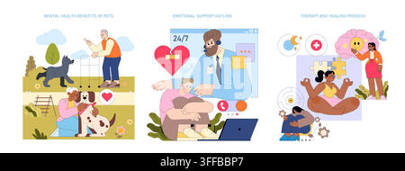 Mental health vector illustration set with people hugging pets, calling emotional support hotline, and practicing therapy and healing activities for stress relief and wellbeing Stock Vector