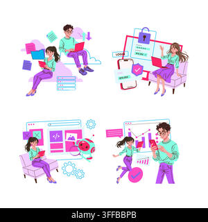 Vector illustration set of people using laptop tablet and smartphone for cloud storage secure login web development and data analytics with charts dashboard and automation tools Stock Vector