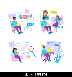 Remote work vector illustration set showing people communicating by video call, completing online tasks, analyzing charts, and confirming digital agreements with laptops and dashboards Stock Vector