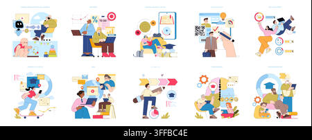 Set of vector illustrations depicting various modern educational concepts like mentoring, digital skills, and microlearning. Characters are shown in active learning scenarios using technology. Stock Vector