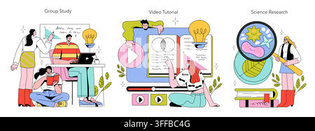 Students read books, watch a video tutorial, discuss lessons, and examine microbes through a magnifying glass in an education vector illustration about study and research Stock Vector