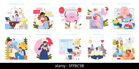 Mental health vector illustration set with mindfulness, self care, resilience, burnout recovery, support group, nature relief, journaling, work balance and yoga practice scenes Stock Vector