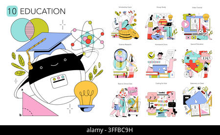 Education vector illustration set with school icons, online learning, coding, research, homework, scholarship, special education, stationery, and video lessons in flat style Stock Vector