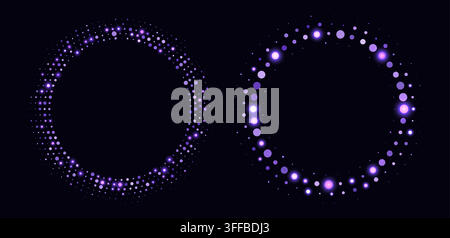 Purple halftone frames, glowing circle borders, round pattern with dots, radial disco luxury design element. Stock Vector