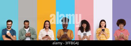 People using mobile phones. Collage of portraits on colorful backgrounds Stock Photo