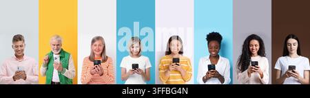 People using smartphones. Collage of portraits on colorful backgrounds Stock Photo