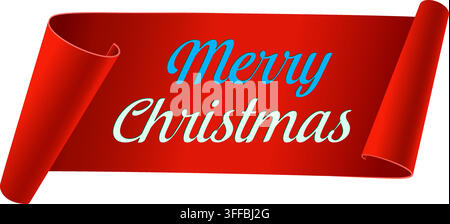 Merry Christmas scroll paper banner. red paper ribbon on white background. realistic label. isolated vector illustration Stock Vector