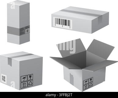 Open and Closed Cardboard Packaging Boxes with Recycling Icons. Vector isolated on white. Stock Vector