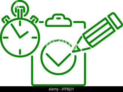 testing, test, education concept. tick in checkbox document on clipboard and stopwatch. correct test solution. success in completing assignment. line Stock Vector