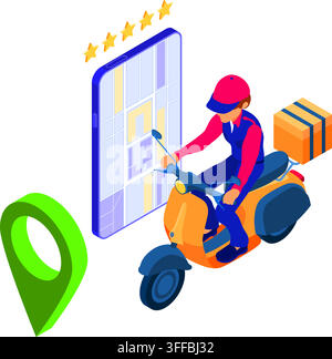 fast online food order and package delivery service. fast food shipping isometric courier with package and scooter. delivery man with moped. online or Stock Vector