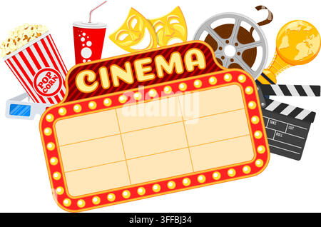 Cinema and Movie time concept with flat icons transparent film, popcorn, signboard, masks, award and tickets. Isolated vector illustration on transpar Stock Vector