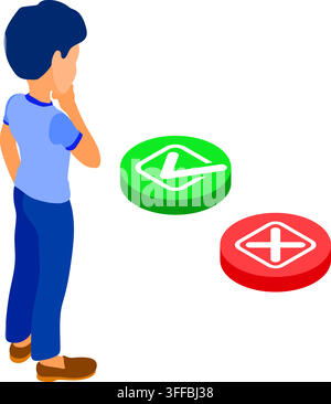 Online education or distance exam with isometric character man makes choice. yes or no green button with check mark or red button with cross isometric Stock Vector