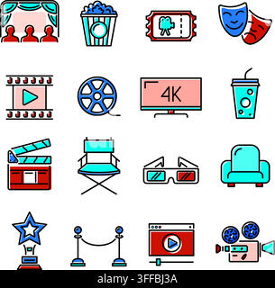 Cinema and Movie colored line Icons Set with popcorn, award, clapperboard, tickets and 3D glasses. Line style icons. Isolated vector illustration Stock Vector