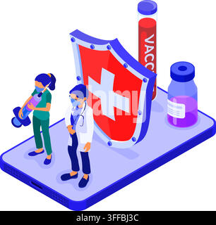 Covid-19 online diagnostics virus. doctor nurse with syringe in mask. shield protect vaccine tube. quarantine from Wuhan novel coronavirus. pandemic c Stock Vector