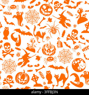 Seamless Halloween Pattern with bats, ghost and pumpkin. Isolated vector illustration Stock Vector