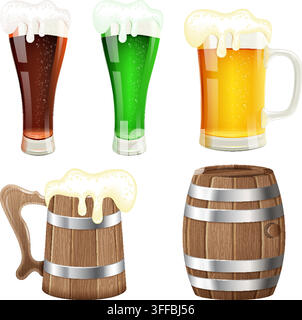 Beer Collection with Barrel of Beer and Wooden Mug, vector isolated on white background Stock Vector