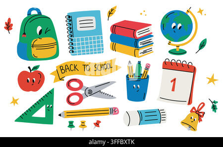 Back to school vector illustration set with cute school supplies, backpack, books, globe, pencil, scissors, ruler, calendar and bell isolated on white Stock Vector