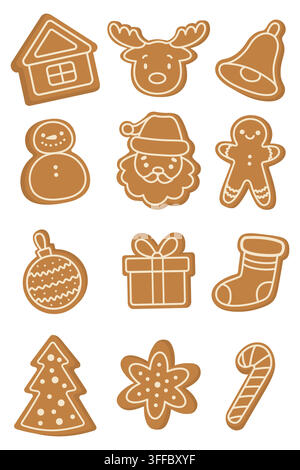 Christmas gingerbread cookies set with white icing isolated on white background. Winter holiday sweet baking collection including gingerbread man, hou Stock Vector