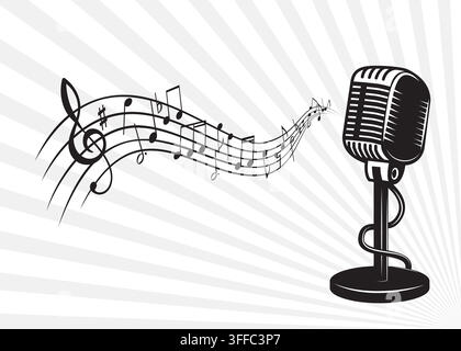 Retro Microphone with Flowing Musical Notes Stock Illustration Stock Vector