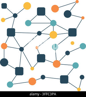 Modern vector illustration of a connected network featuring colorful circles, rounded squares, and linear links on a clean background. Stock Vector