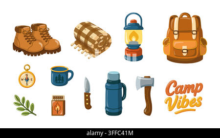 Camping equipment with boots, backpack, lantern, compass, tools and Camp Vibes lettering set. Cartoon vector illustration  Stock Vector