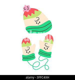 Cute Winter Beanie Hat and Mittens Vector Set Stock Vector