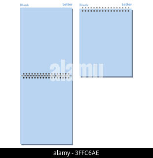 Set of blue blank Letter spiral pages has black side and top coils, clean rectangular sheets, and gray shadows. Useful for personal notes, academic wo Stock Vector