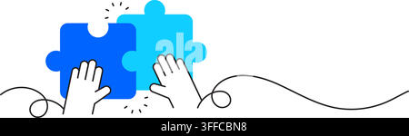 Hand icon putting the right pieces together for business success and growth minimal. Hands assembling the puzzle pieces to complete a business strateg Stock Vector