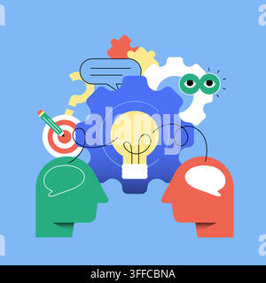 Creative collaboration sharing ideas,brainstorming,communication,teamwork concept illustration. Two people exchange ideas lead to innovation, strategi Stock Vector