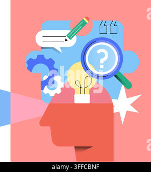 creative problem solving and innovative thinking concept flat vector illustration. human head combined with light bulb, magnifying glass, gears, speec Stock Vector