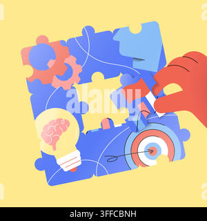 Completing puzzle pieces for business success and growth flat illustration. Hands assembling the puzzle pieces to complete a business strategy, symbol Stock Vector