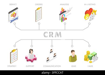 3D Isometric Flat Illustration of CRM, Software Structure Module Workflow Stock Photo