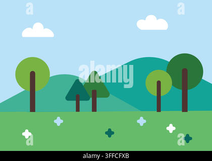 Minimalist nature landscape featuring simple green trees, rolling hills, clouds, and small flowers under a clear blue sky in flat style. Stock Vector