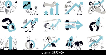 Business growth vector icon set featuring upward trend arrows, rocket launch, financial progress, analysis magnifying glass, and success hands. Stock Vector