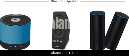 Bluetooth speaker vector set featuring portable mini speaker, desktop audio woofer, and smart cylinder voice assistant sound devices. Stock Vector