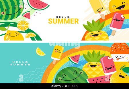 Hello summer banner vector set featuring smiling watermelon, pineapple, lemon, Popsicle ice cream, rainbow arc, and bright seasonal illustrations. Stock Vector