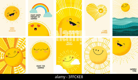 Cute summer sun poster card vector set featuring smiling sun characters, rainbow, sunbeams, sea waves, heart sun, and positive holiday quotes. Stock Vector