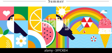 Summer banner vector design featuring geometric toucans, citrus lemon, watermelon slice, rainbow, beach umbrella, ice cream cone, and ocean waves. Stock Vector